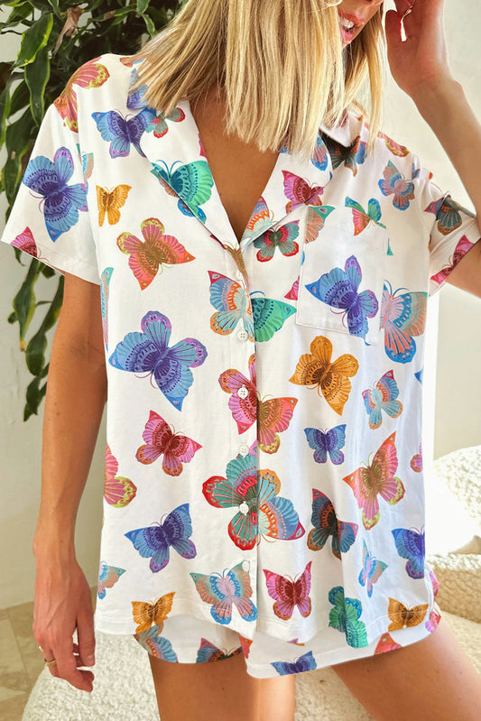 Multicolour Butterfly Print Button-up Shirt & Shorts Pajama Set