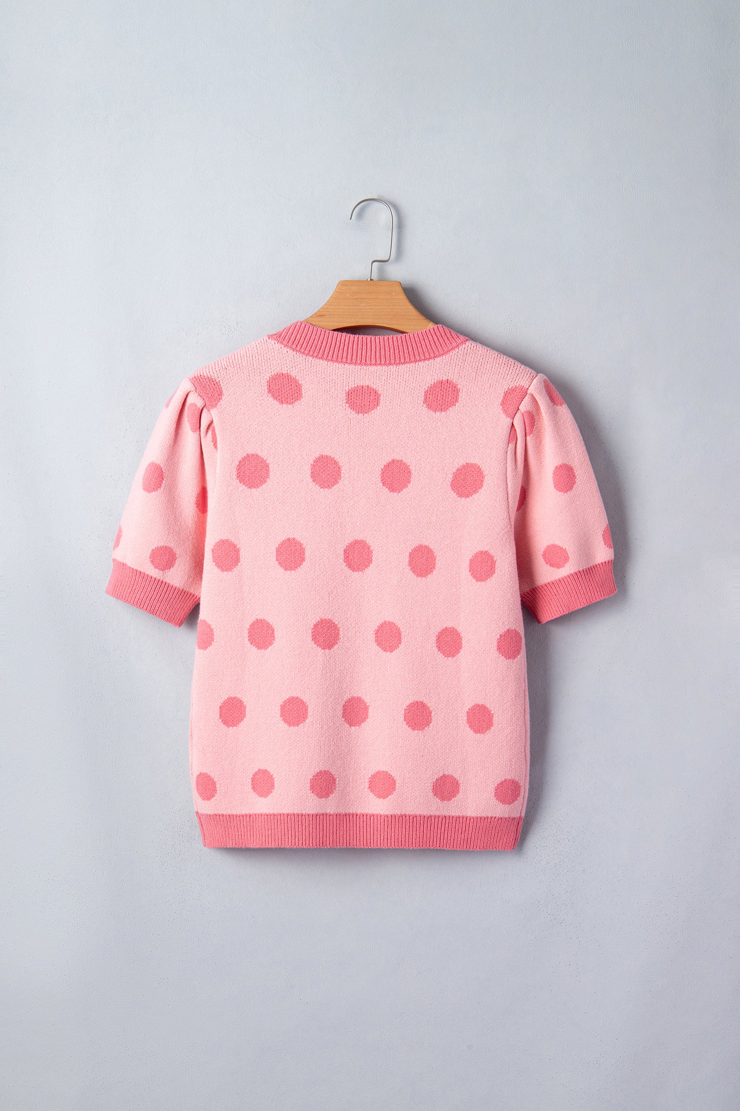 Pink Polka Dot Puff Short Sleeve Sweater Top