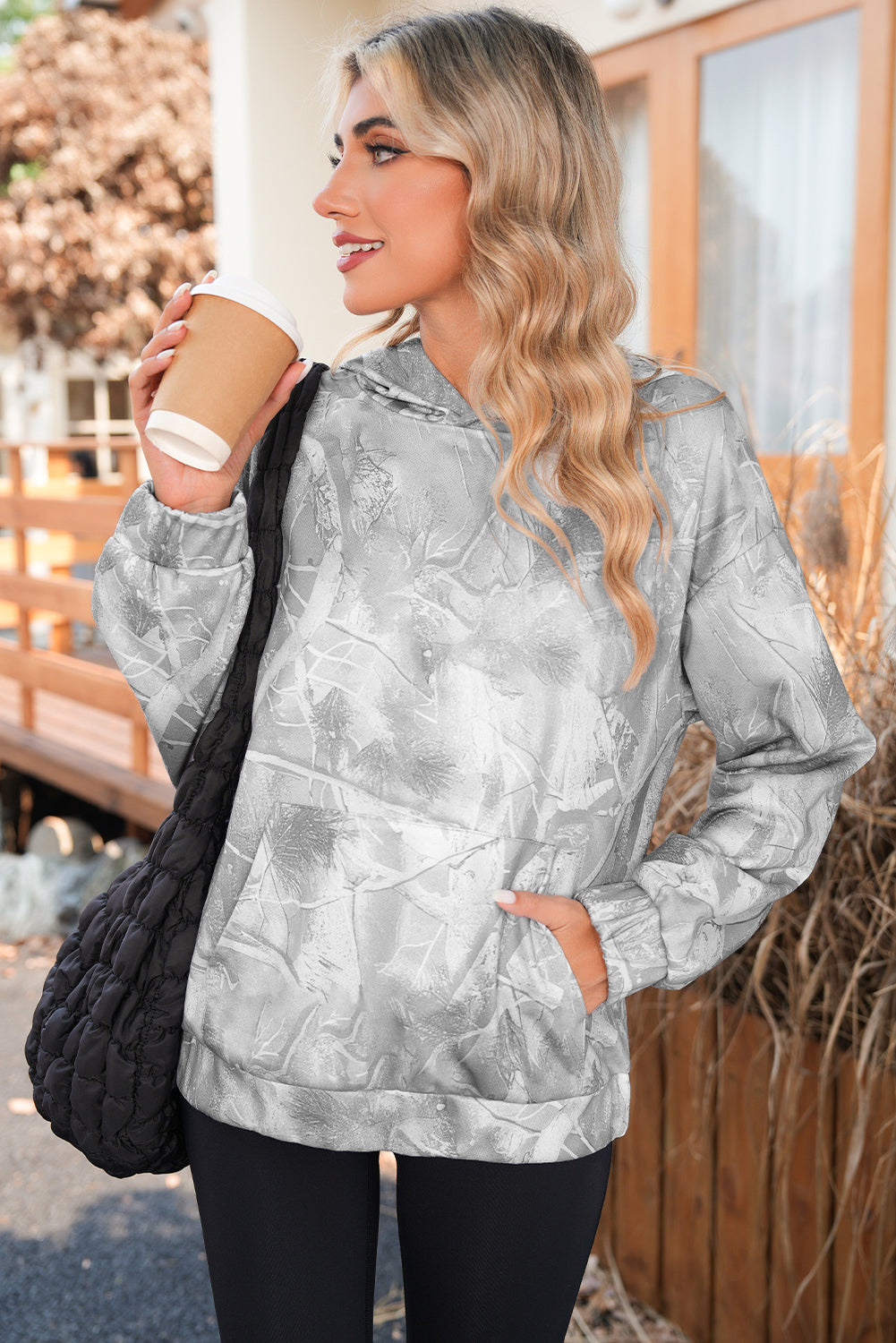 Light Pink Camouflage Plant Print Kangaroo Pocket Oversized Hoodie