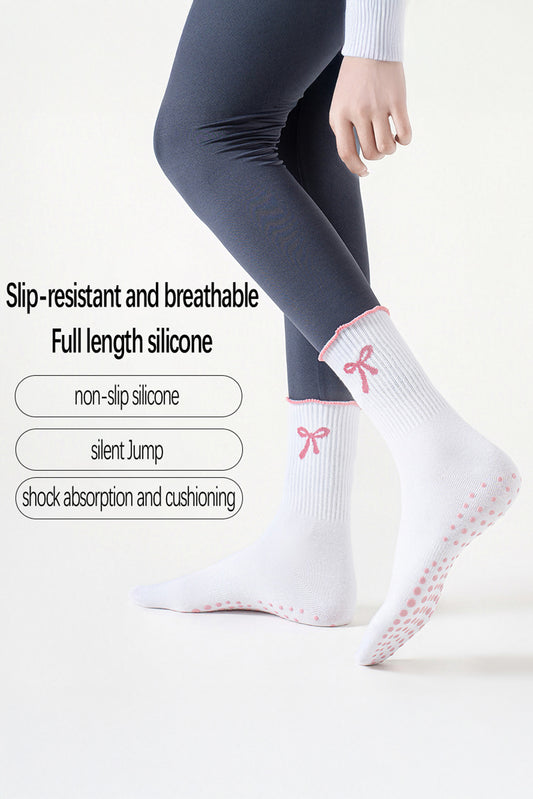White Bow Print Non-Slip Ruffle Grip Socks