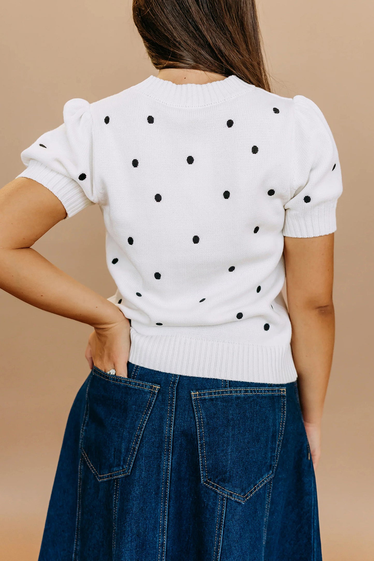 White Elegant Polka Dot Bubble Short Sleeve Sweater
