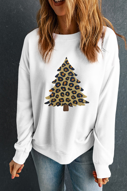 White Leopard Christmas Tree Terry Flocking Round Neck Sweatshirt