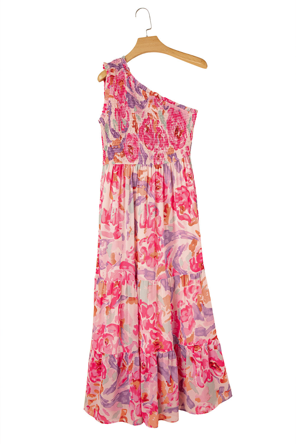 Pink Floral Print Shirred One Shoulder Maxi Dress