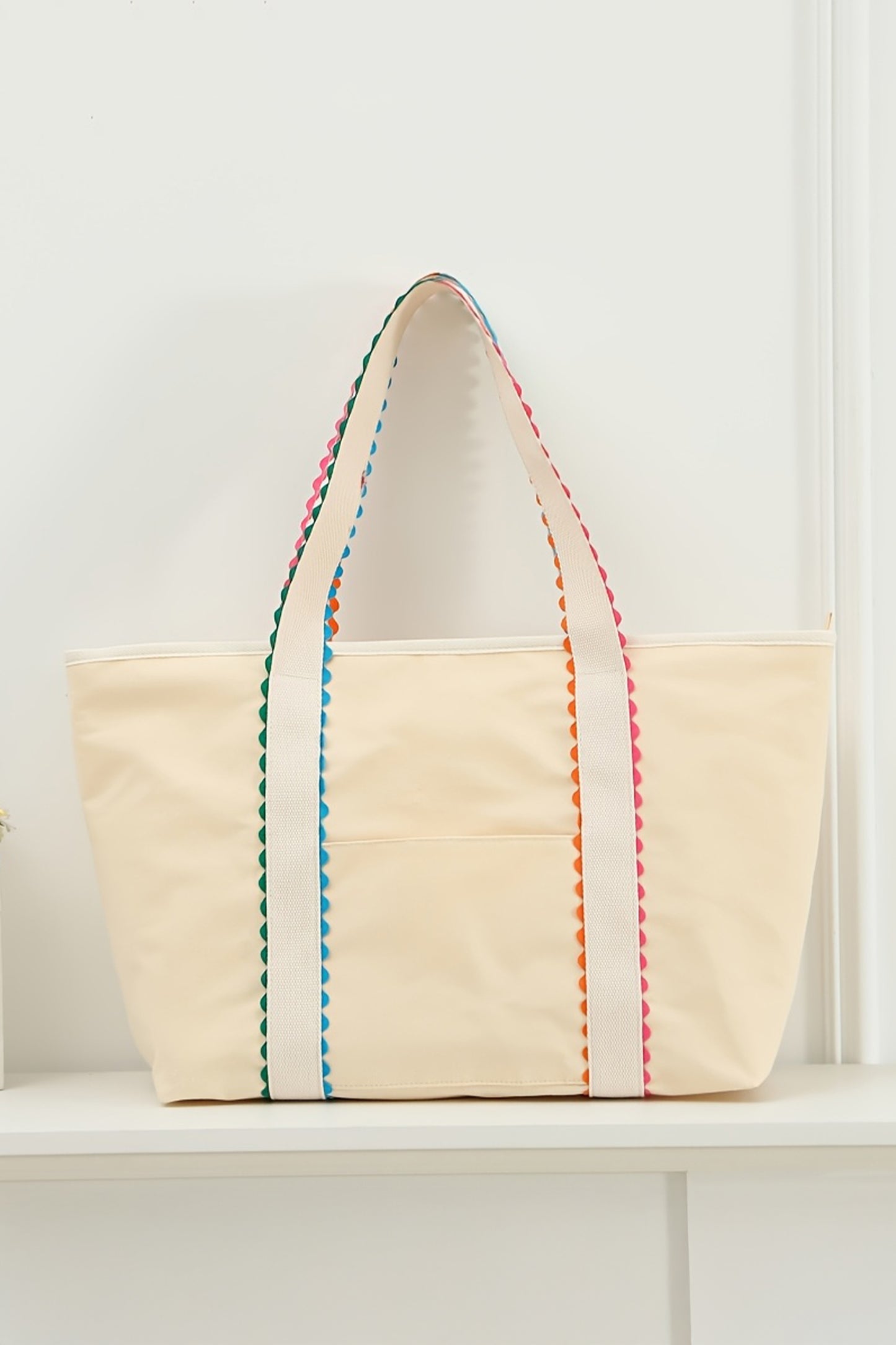 White Colorful Ricrac Detail Canvas Tote Bag
