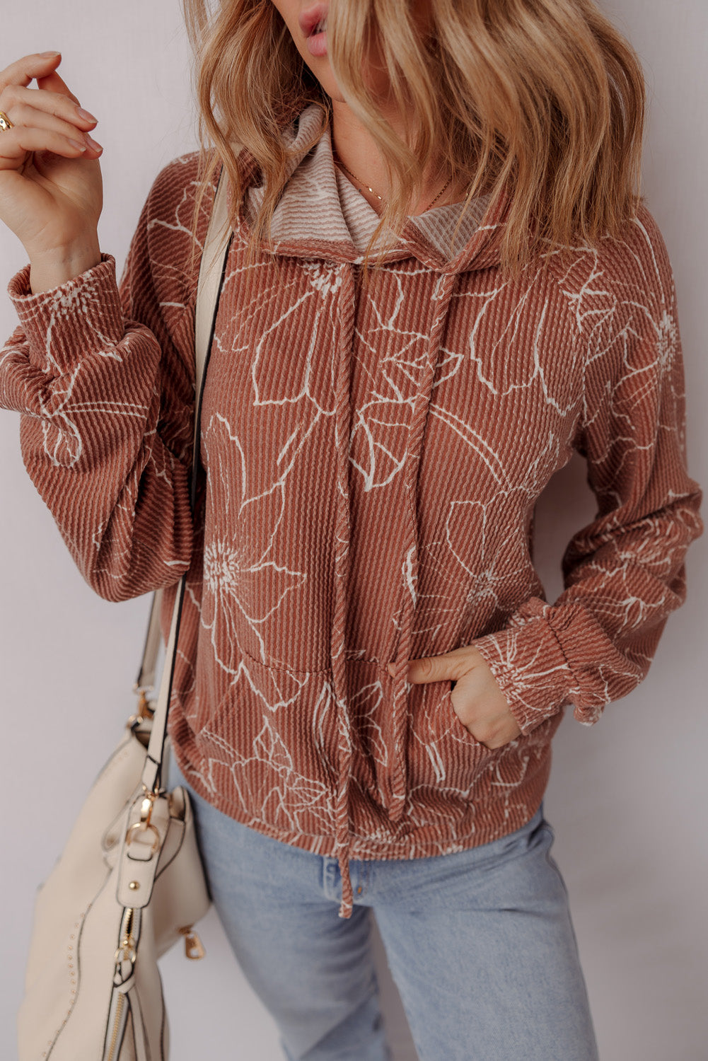 Brown Floral Twisted Rib Drawstring Kangaroo Pocket Hooded Top
