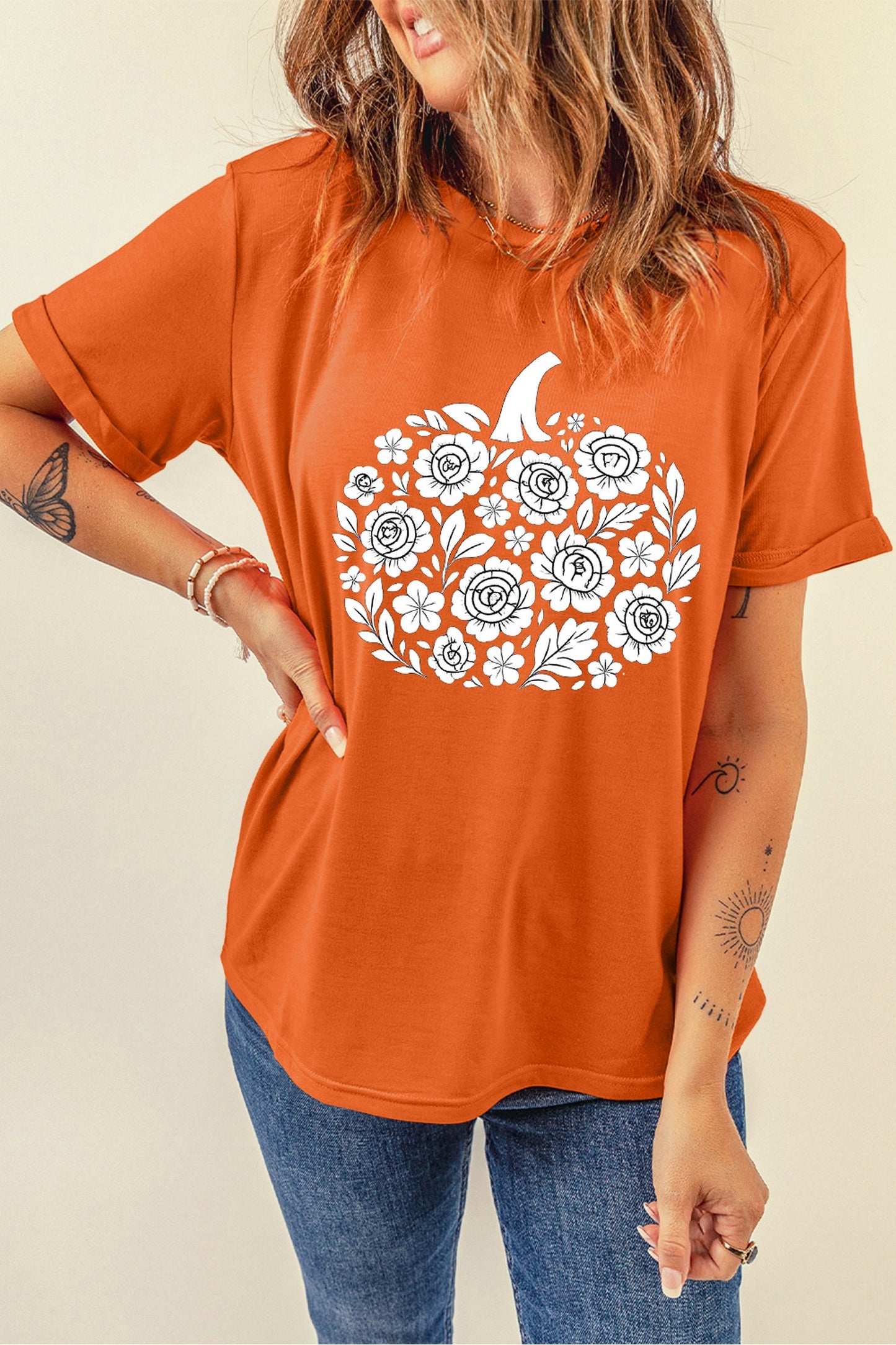 Orange Floral Pumpkin Graphic Cuffed Sleeve Casual T Shirt