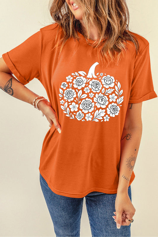 A Orange Floral Pumpkin Graphic Cuffed Sleeve Casual T Shirt
