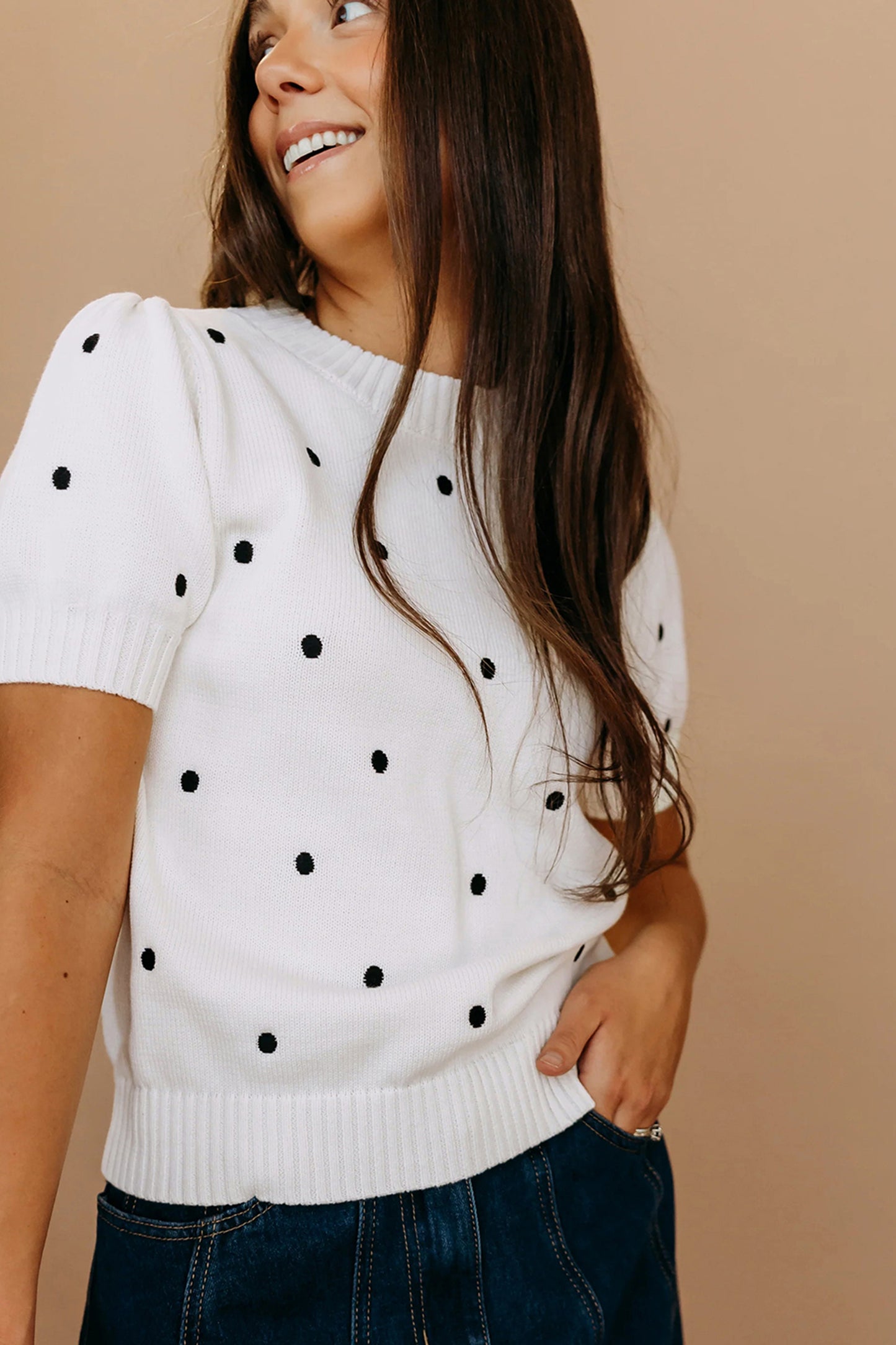 White Elegant Polka Dot Bubble Short Sleeve Sweater