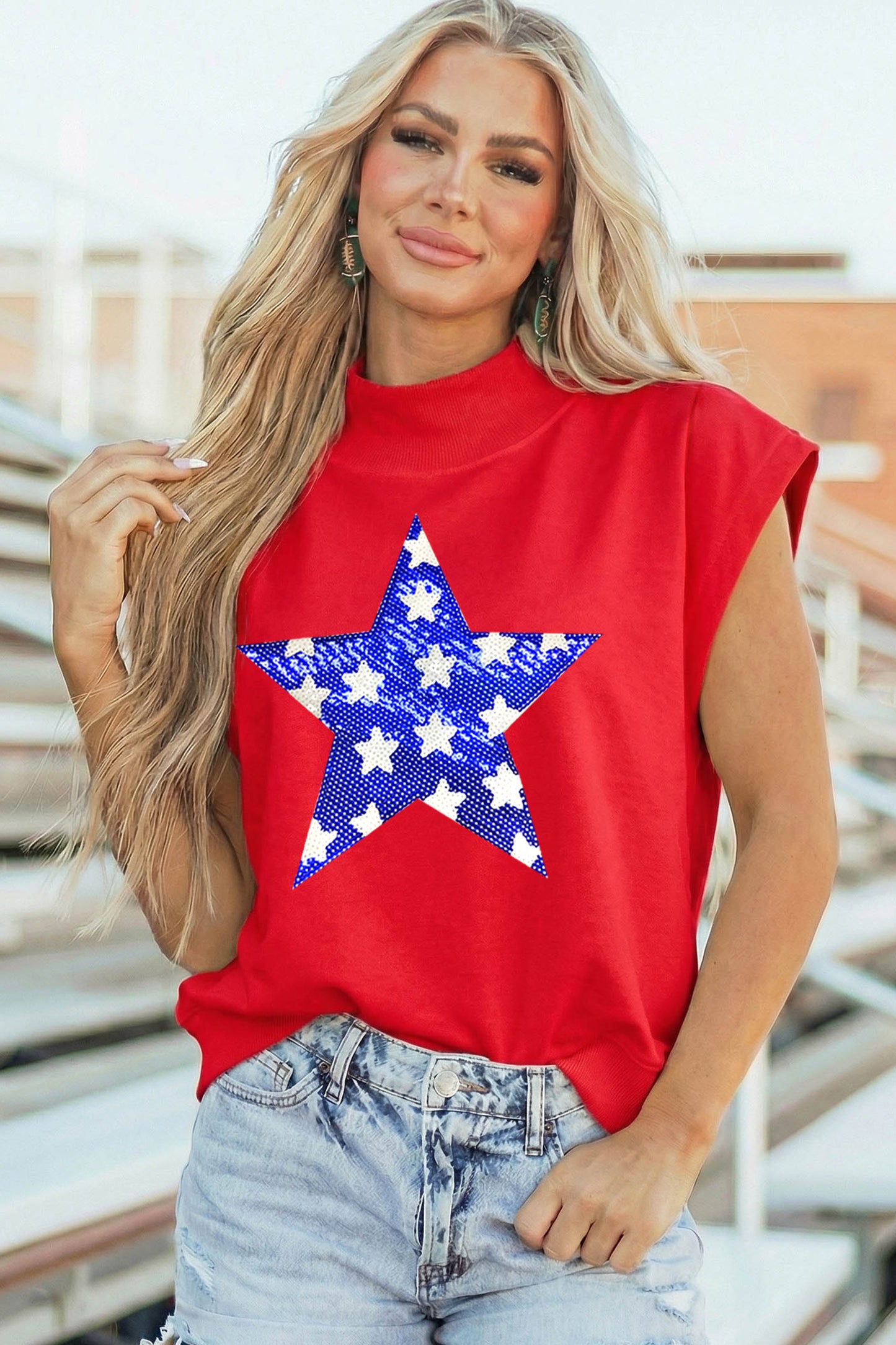 Racing Red High Neck Sleeveless Star Print Casual Shift Tunic Top