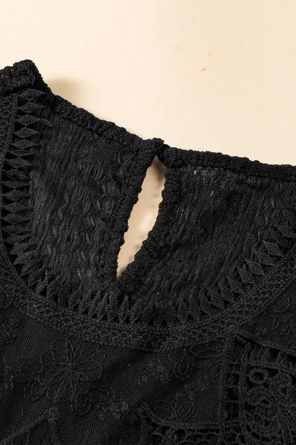 Black Guipure Lace Crochet Keyhole Back Sleeveless Shirt
