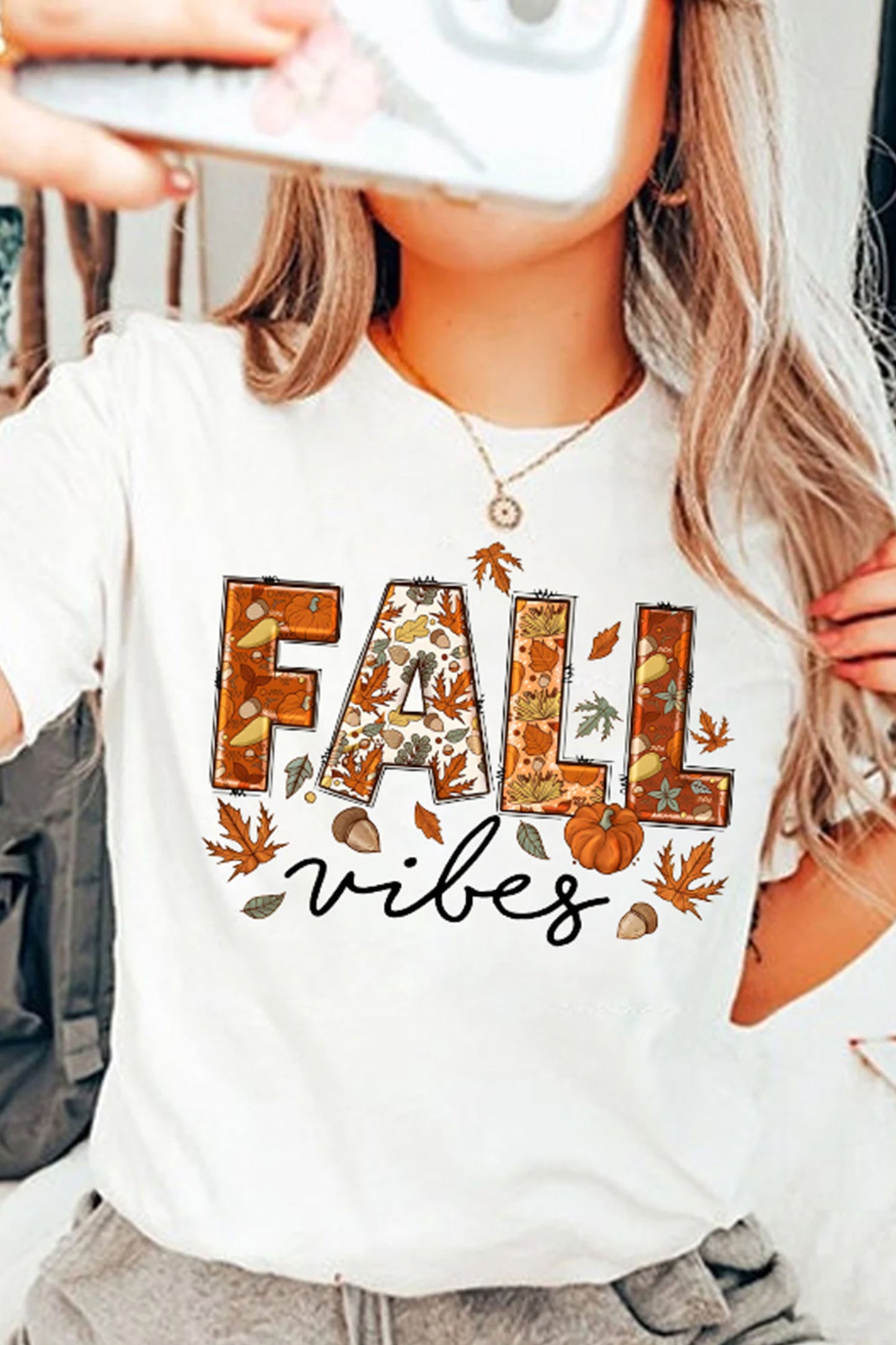 White FALL vibes Stylish Letter Print Round Neck T-Shirt