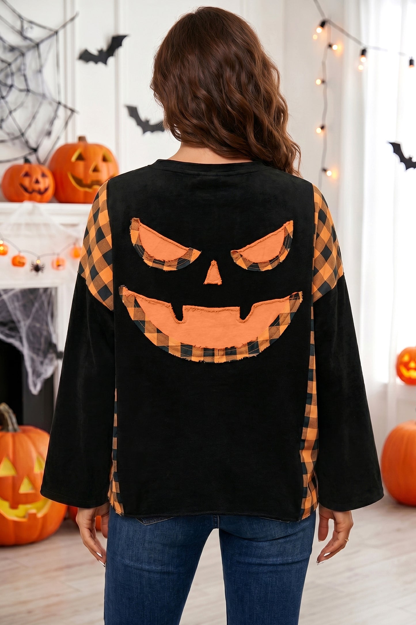 Black Patchwork Plaid Pumpkin Face Long Sleeve Top