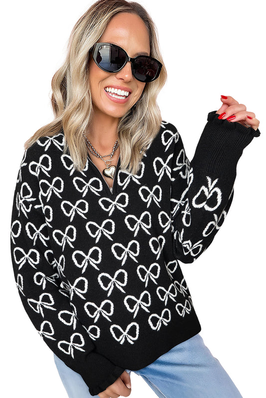 A Black Cute Bow Pattern Drop Shoulder Zipped Collar Sweater