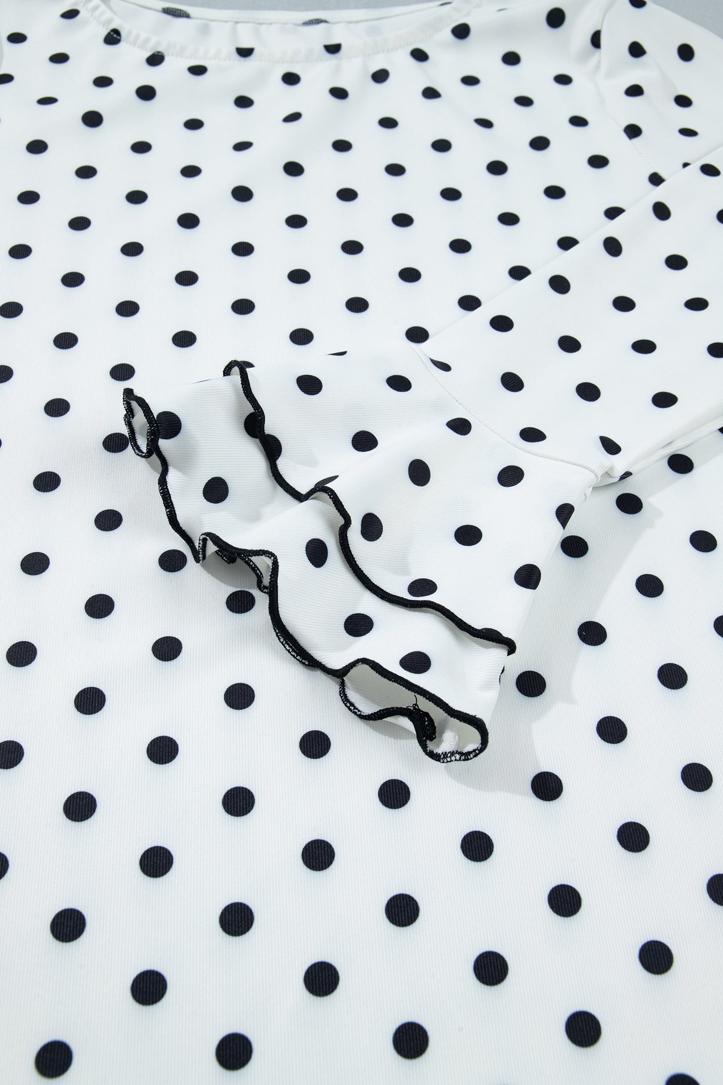 Black Polka Dot Print Lettuce Trim Long Sleeve Top