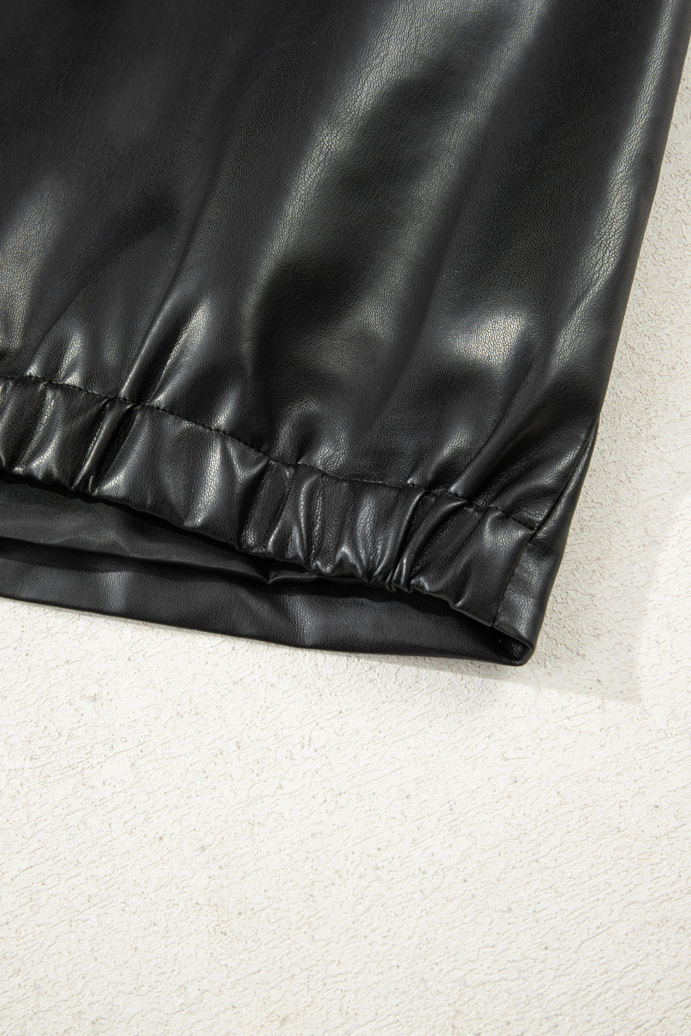 Black Double Flap Pocket Faux Leather Zip Up Stand Neck Vest