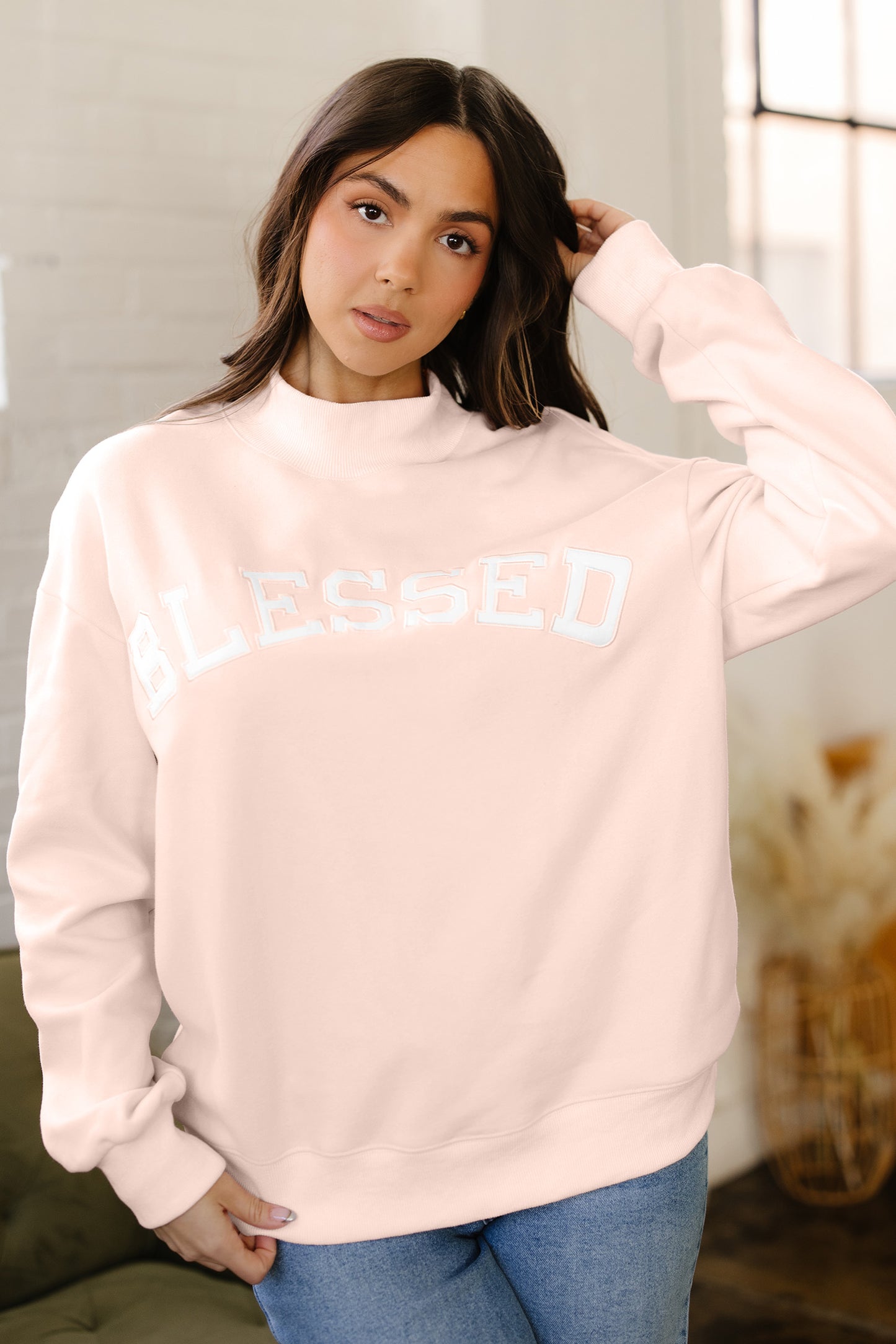 Sea Green Oversize Blessed Embroidered Mock Neck Sweatshirt