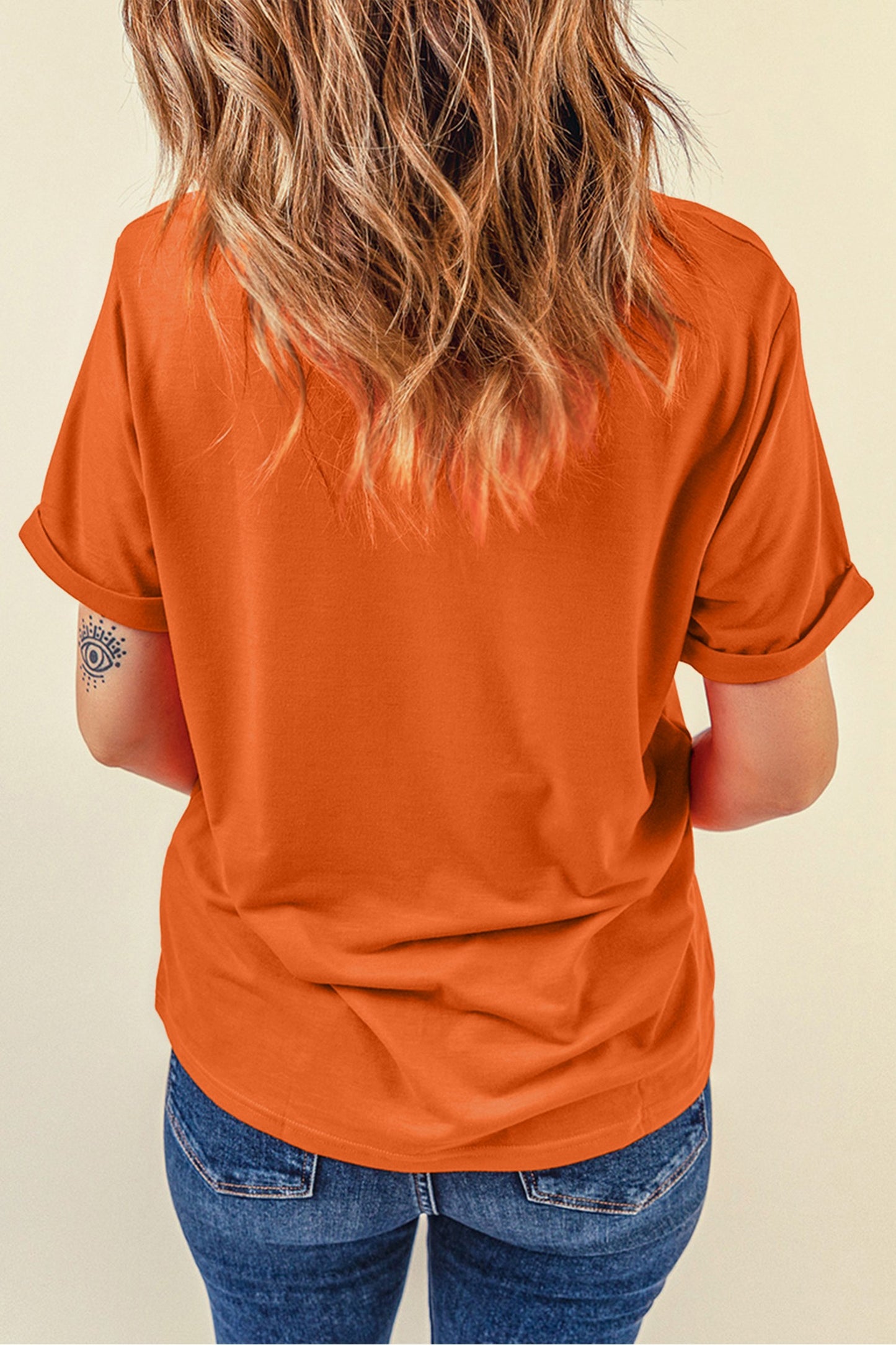 Orange Floral Pumpkin Graphic Cuffed Sleeve Casual T Shirt