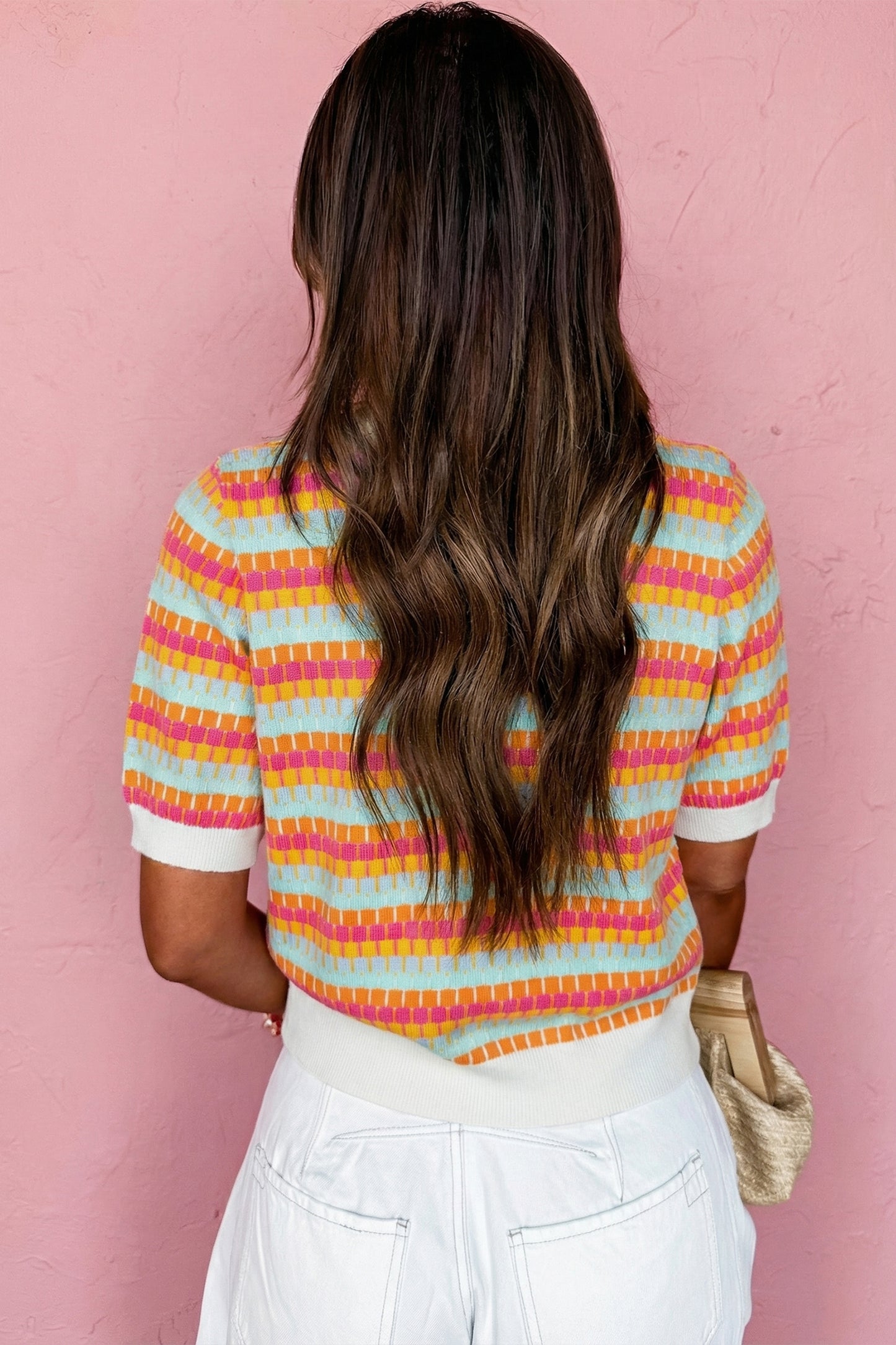 Purple Abstract Striped Knit Short Sleeve Sweater