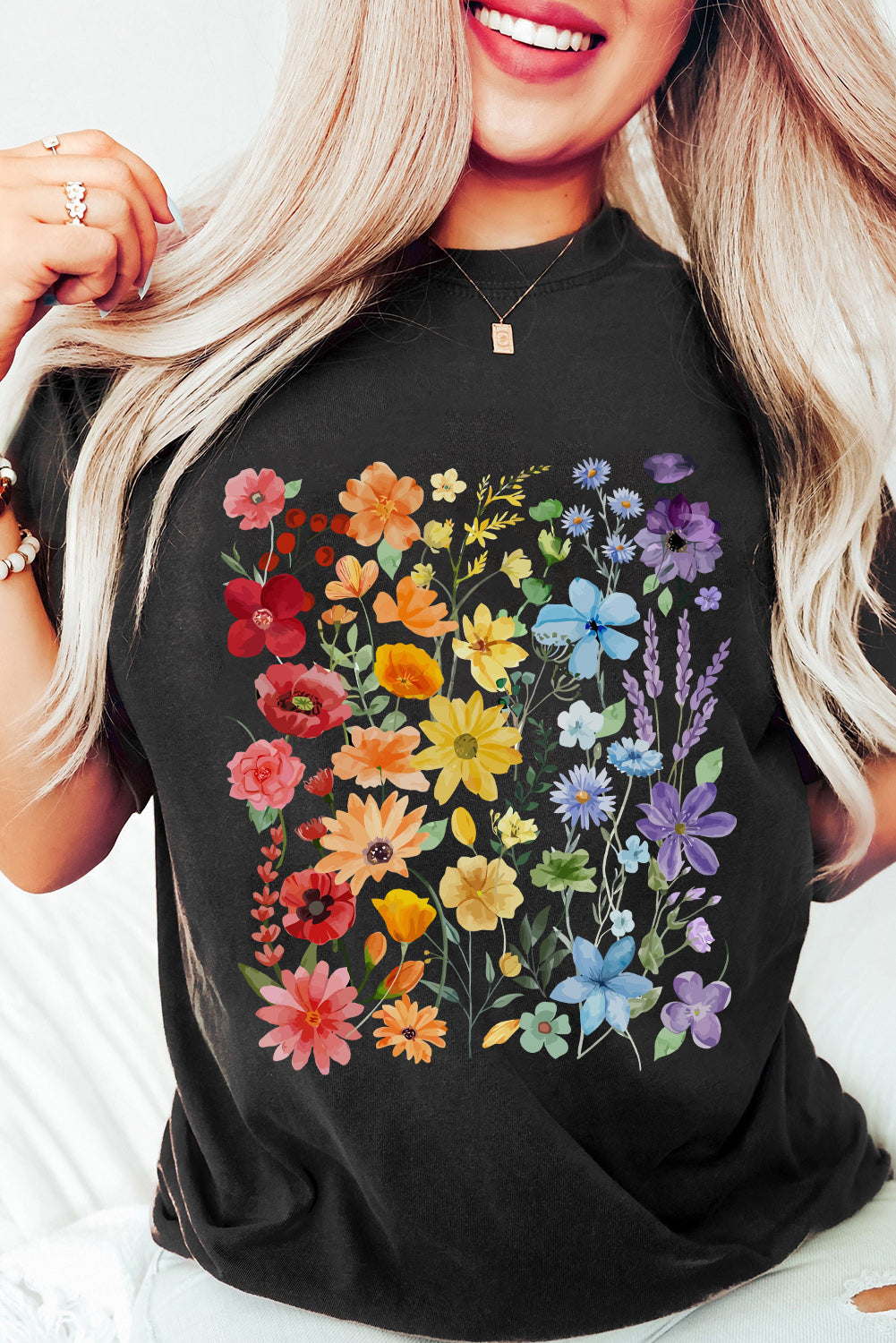 Black Flower Heat Transfer Printing Cotton Blend Casual Tee