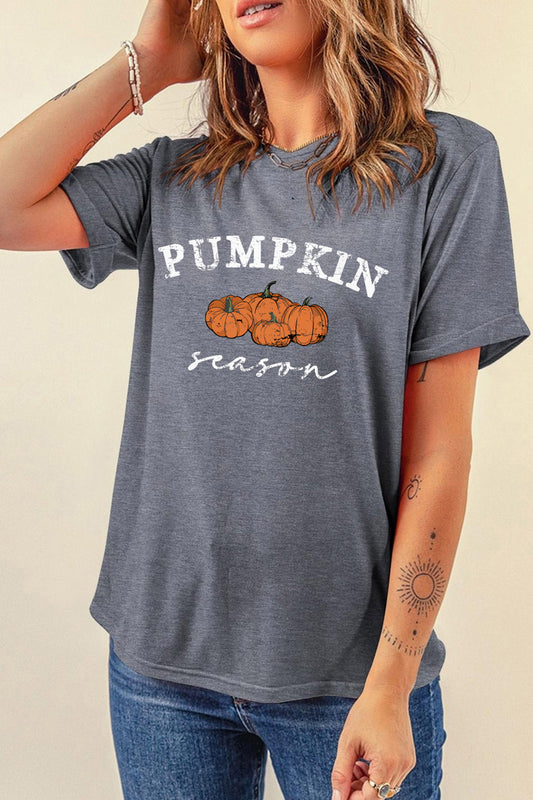 A Gray Pumpkin Season Graphic Round Neck Short Sleeve T-Shirt