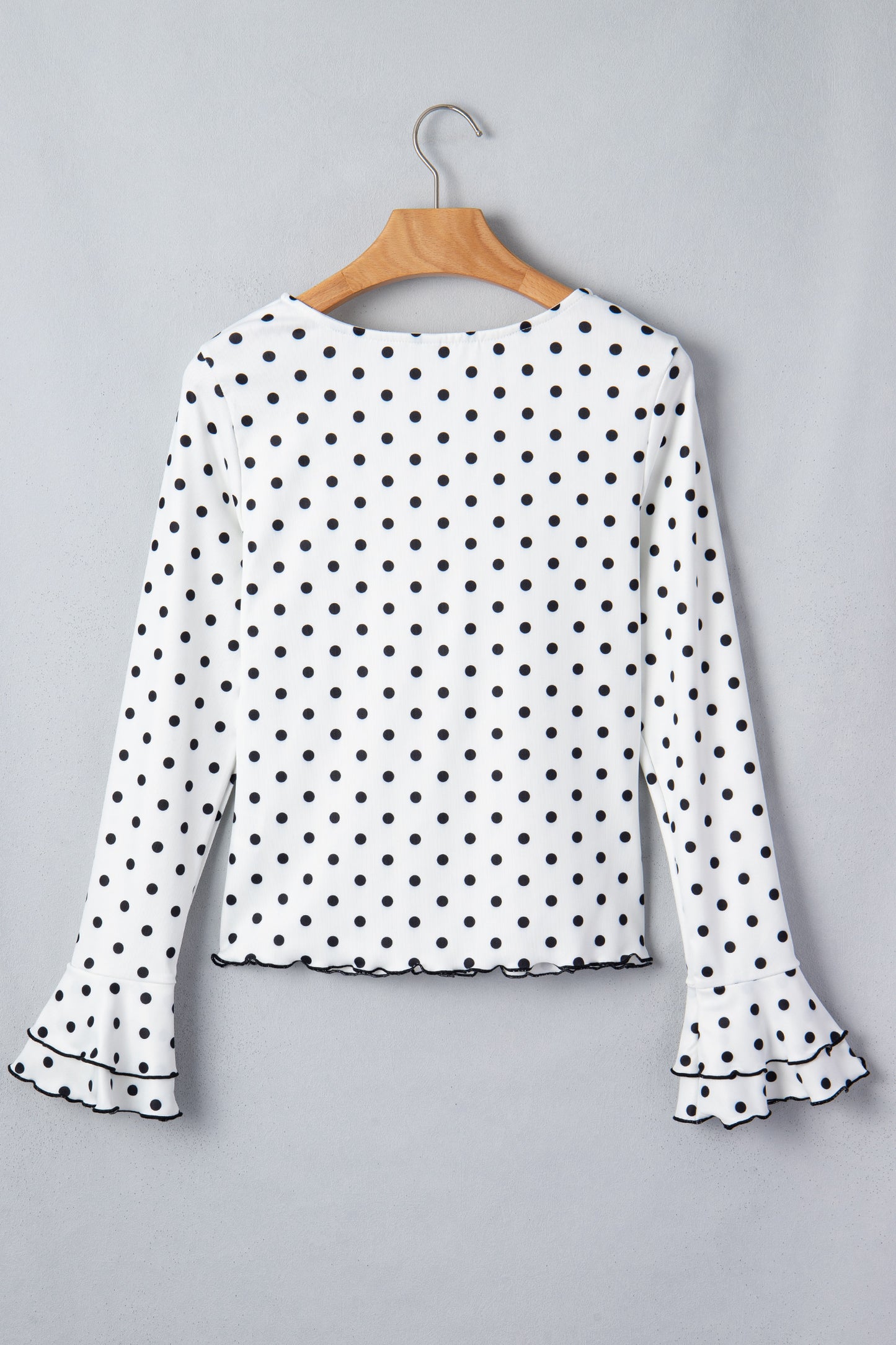 Black Polka Dot Print Lettuce Trim Long Sleeve Top