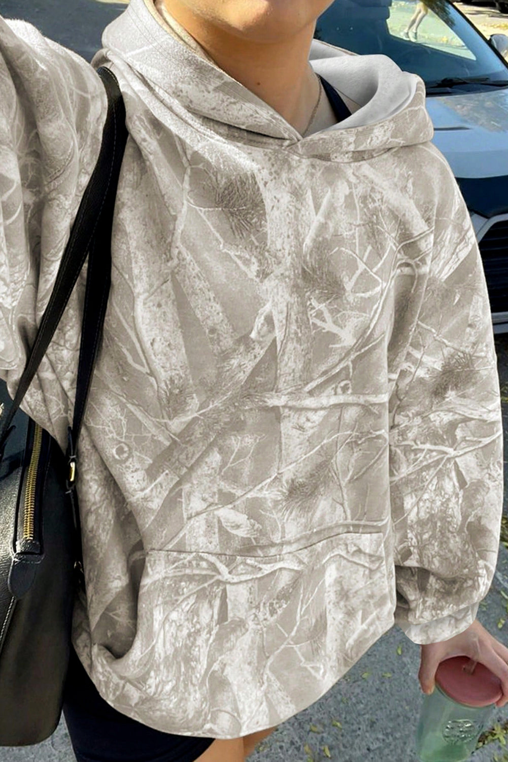 Light Pink Camouflage Plant Print Kangaroo Pocket Oversized Hoodie
