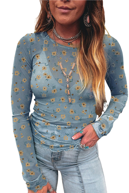 Sky Blue Floral Print Mesh Slim Fit Long Sleeve Top
