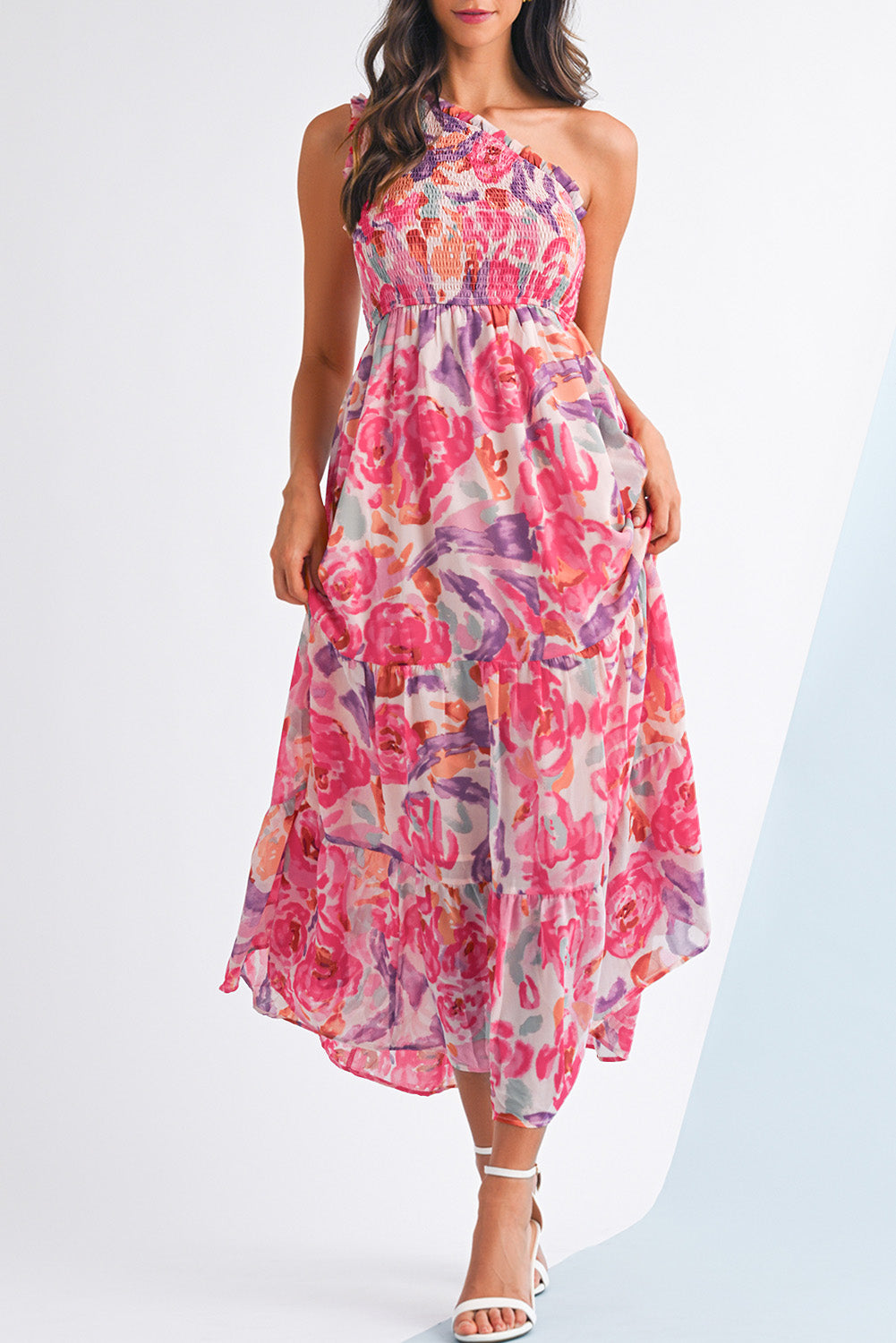 Pink Floral Print Shirred One Shoulder Maxi Dress