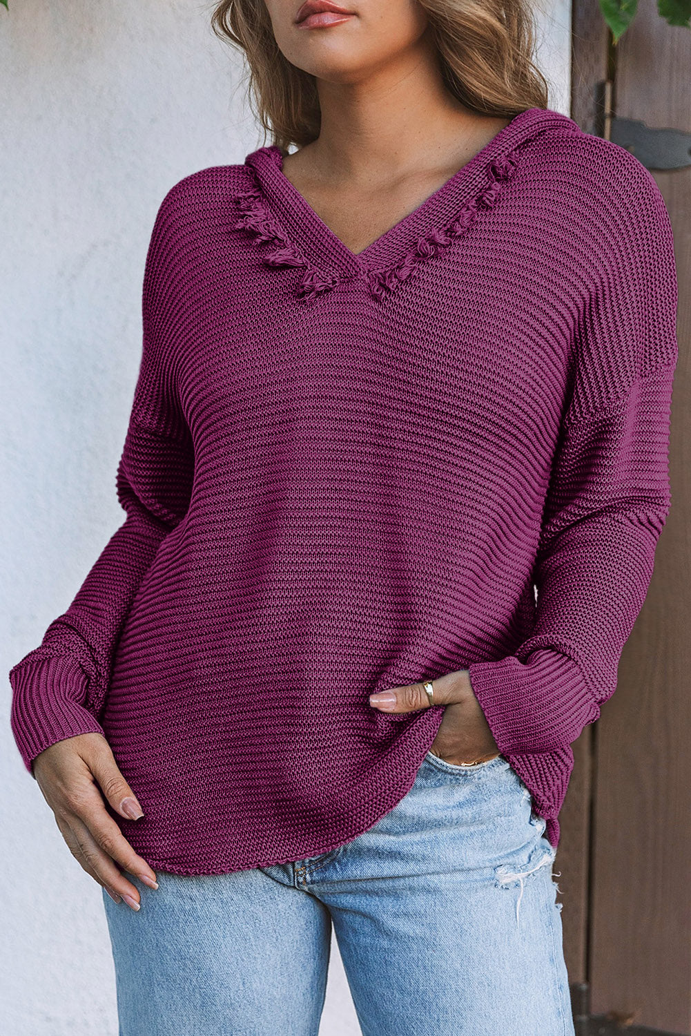 A Purple Split V Neck Pullover Hooded Sweater