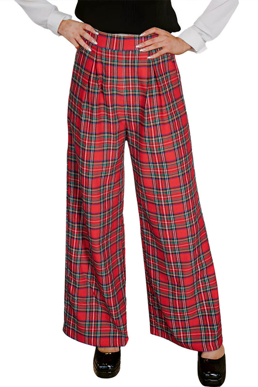 A Red Christmas Plaid Wide Leg Pull-On Pants