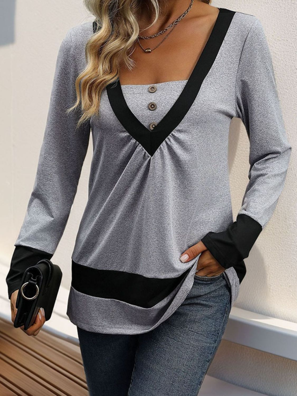 Contrast Long Sleeve Blouse