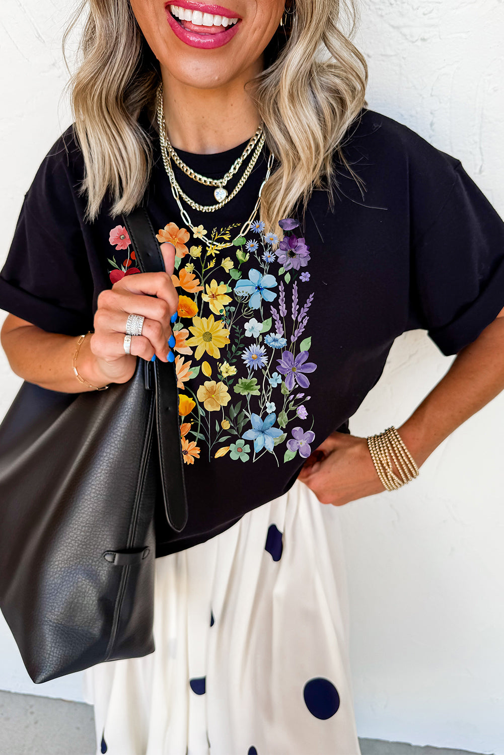 Black Flower Heat Transfer Printing Cotton Blend Casual Tee