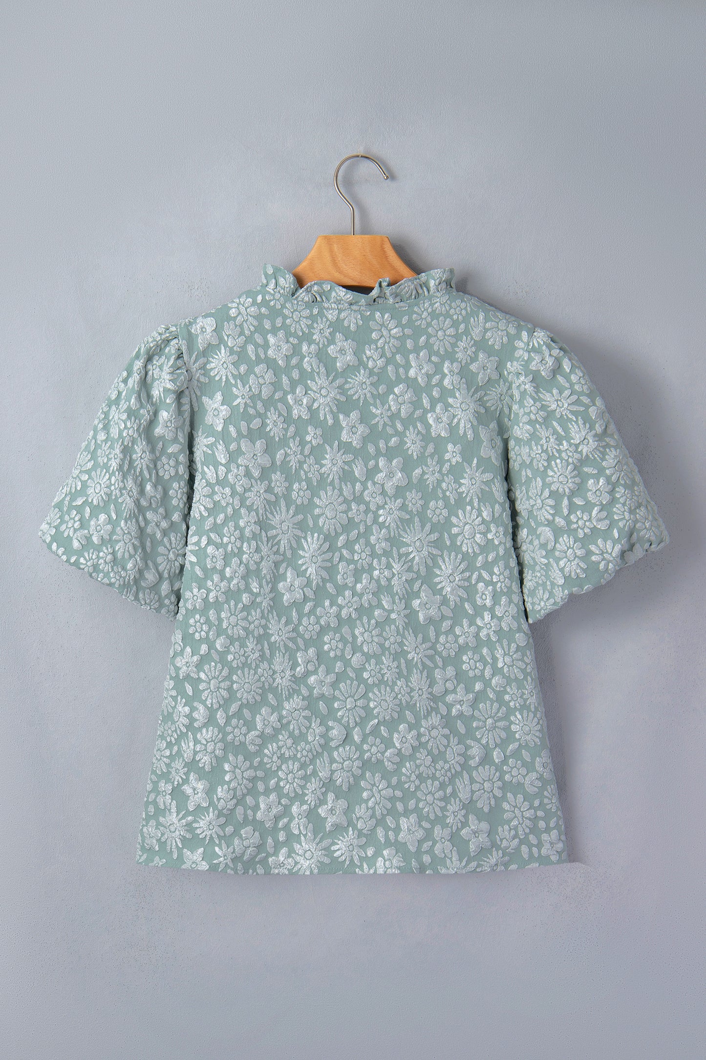 Apricot Pink Floral Textured Jacquard Puff Sleeve Blouse