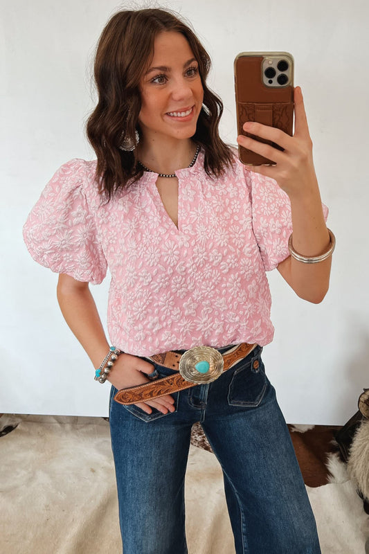 Floral Textured Jacquard Puff Sleeve Blouse