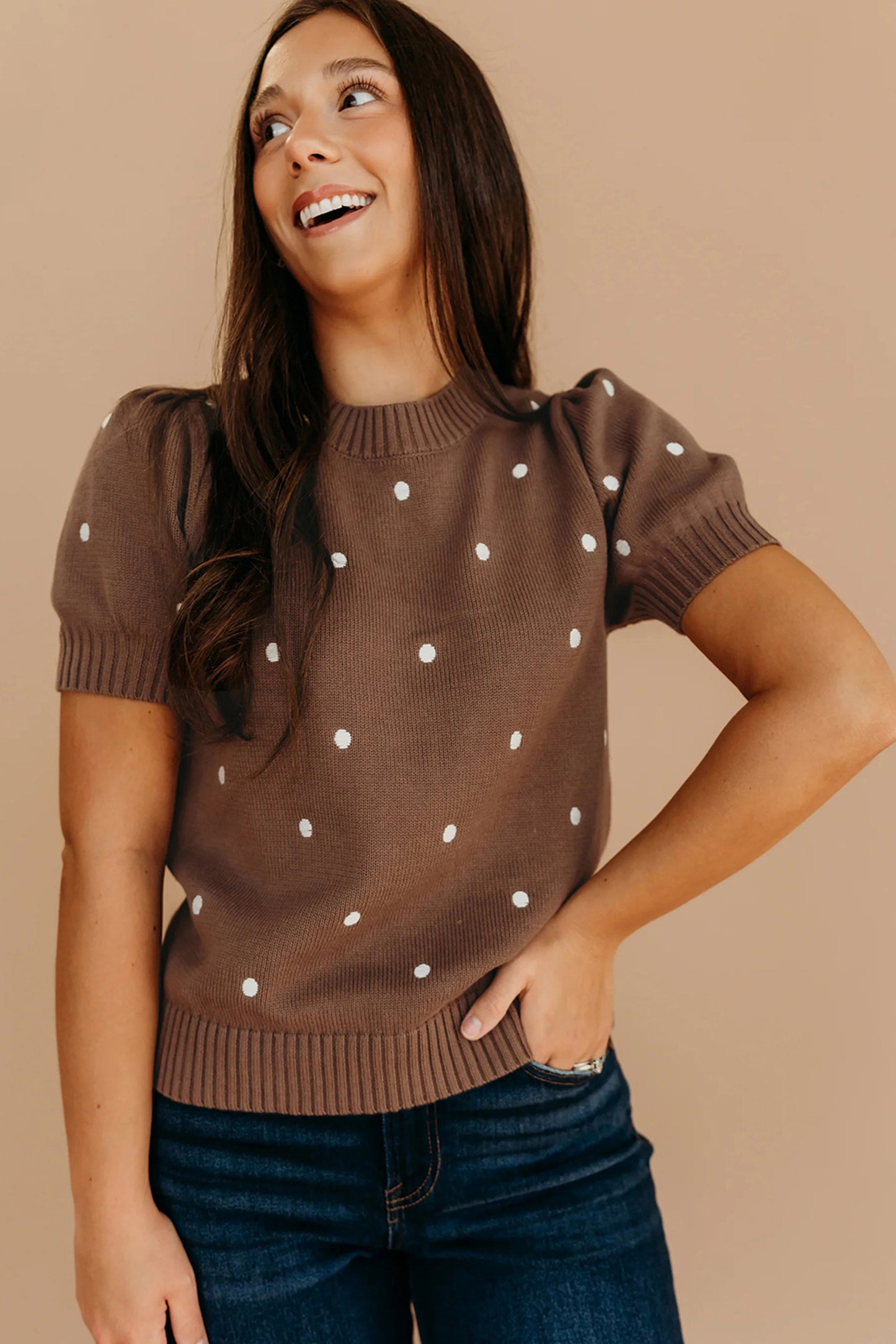 White Elegant Polka Dot Bubble Short Sleeve Sweater