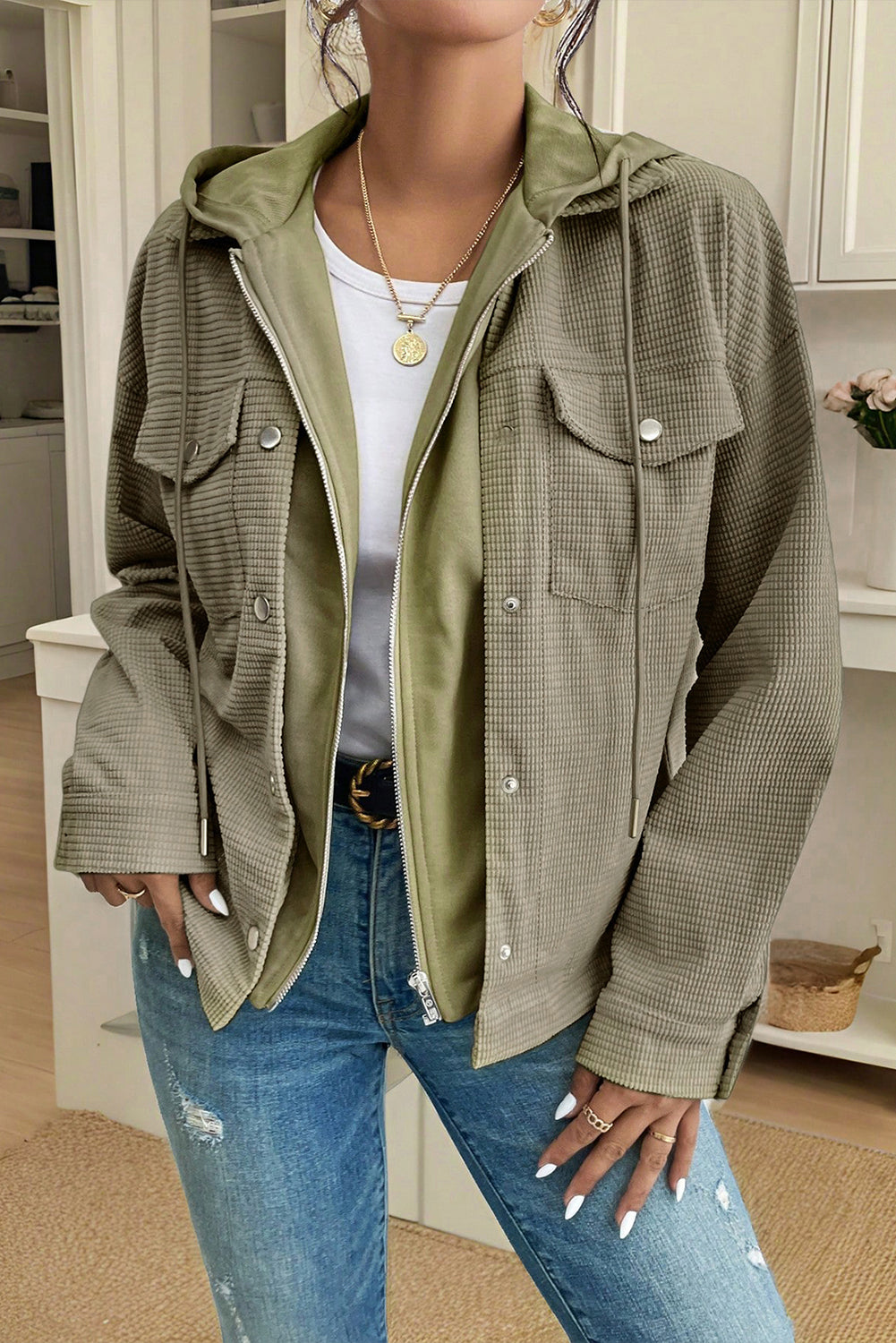 A Laurel Green Solid Color Textured Patchwork Flap Pocket Shacket