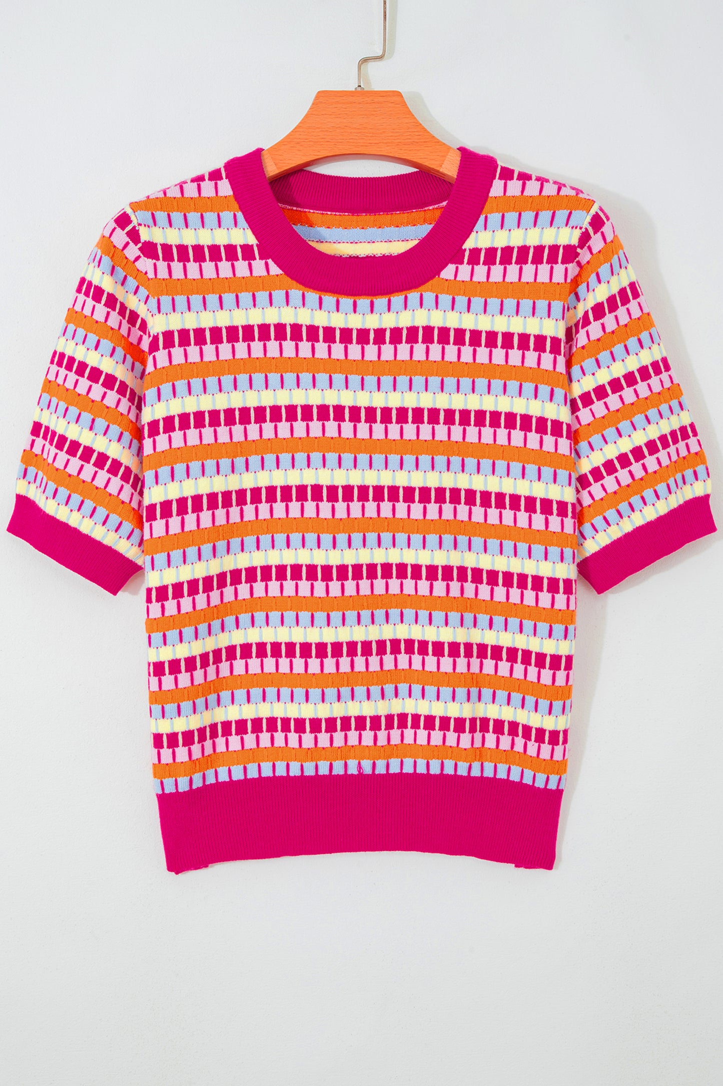 Purple Abstract Striped Knit Short Sleeve Sweater