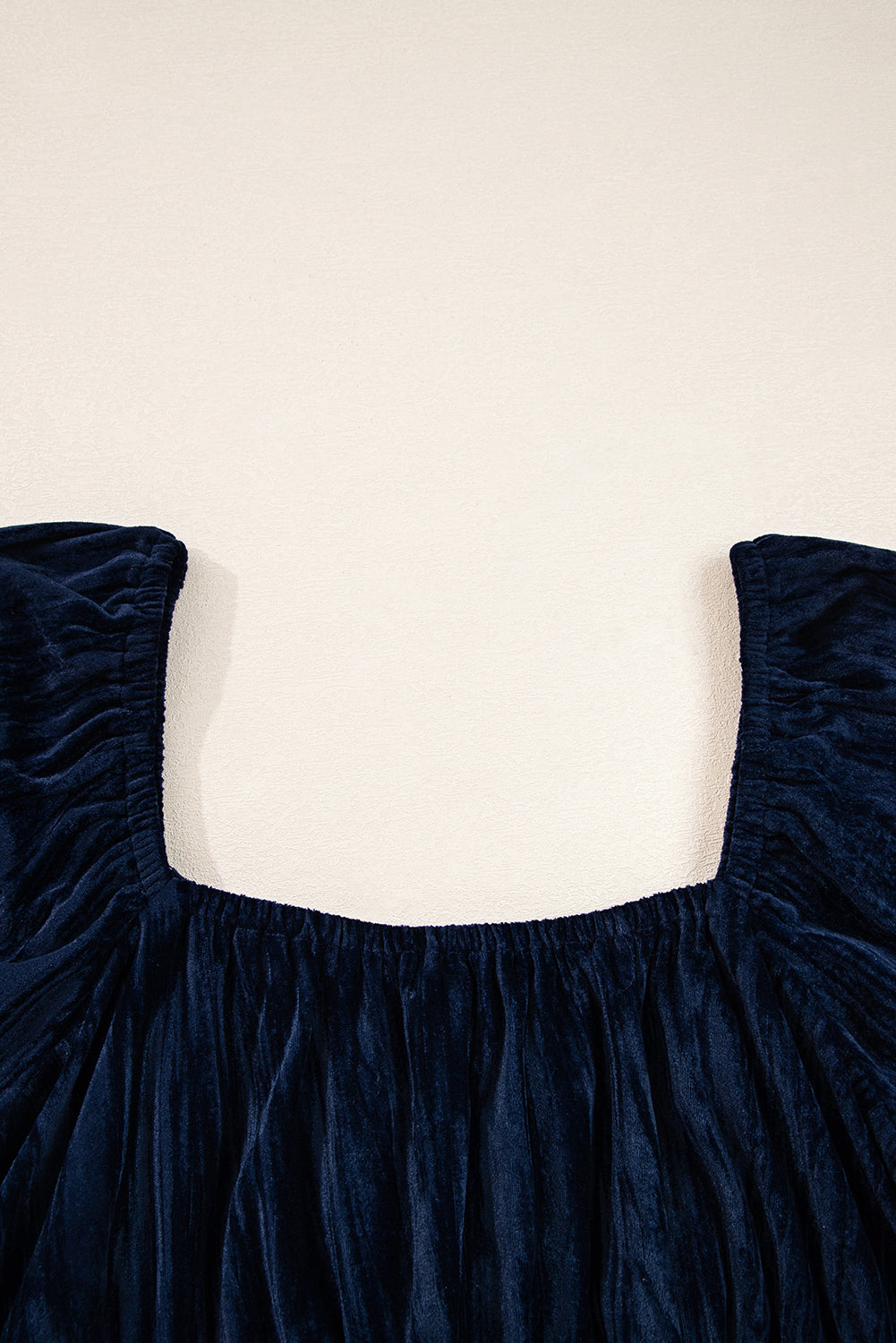 Navy Blue Velvet Ruched Bust Square Neck Short Puff Sleeve Plus Dress